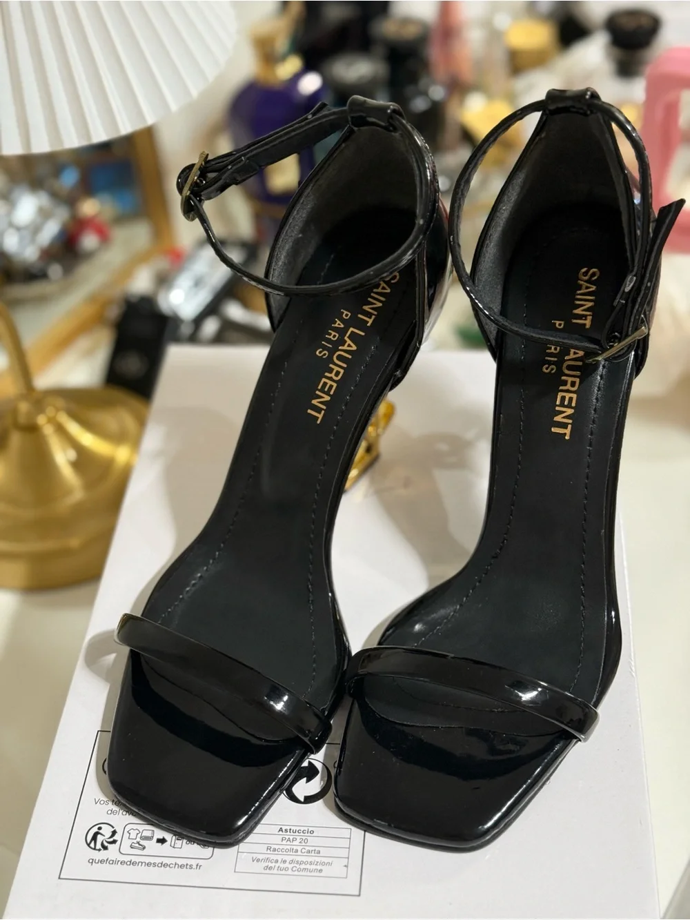 Saint Laurent Black Patent Opyum Ankle-Strap Heels with Gold YSL Heel - Picture 5 of 5